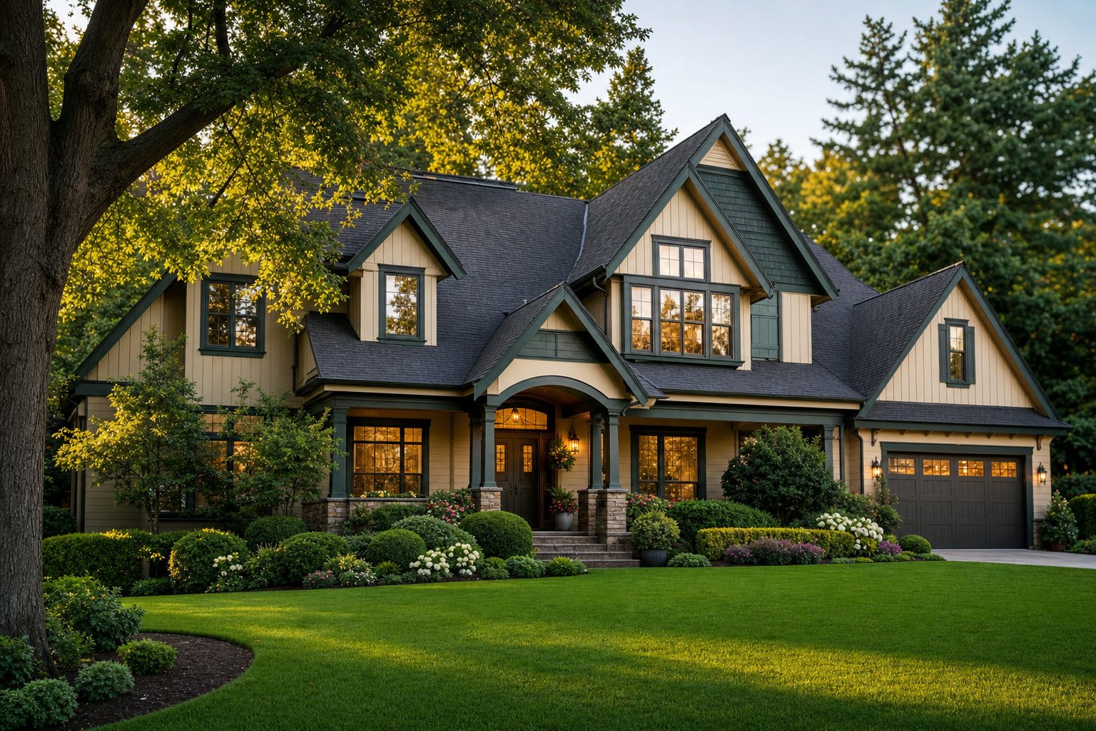 Beautiful suburban home with a professionally maintained lawn at golden hour