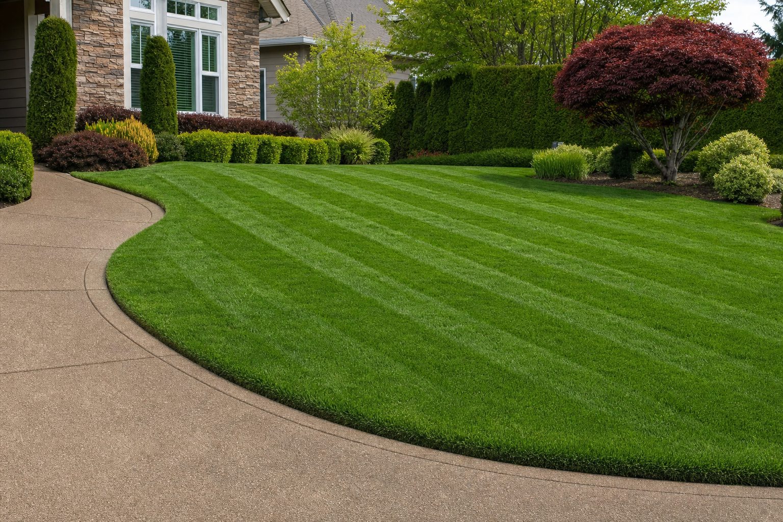 Professionally mowed and edged lawn at a residence